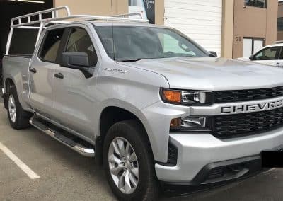 gray chevy sliverado truck rack front right view june 2019